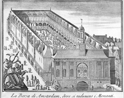 Tüccarların toplandığı Amsterdam Menkul Kıymetler Borsası. 18. yüzyıl gravürü. by Unknown artist