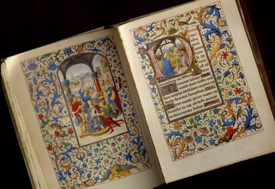Omurgaların Taç Giymesi 15. yüzyılın sonları Osterreichische Nationalbibliothek Viyana "" Mary of Burgundy (1457-1482)" (Kod. 1857) kitabının açık el yazmasının çift sayfası by Unknown artist
