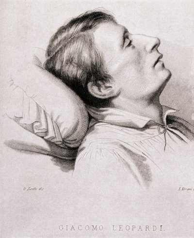 İtalyan şair Giacomo Leopardi (1798-1837) ölüm döşeğinde. 19. yüzyıl gravürü by Unknown artist