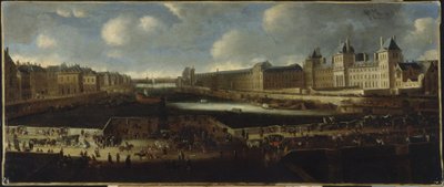 Place Dauphine girişinden görülen Pont-Neuf, inşa halindeki Collège des Quatre-Nations ile Quai Malaquais, Grande Galerie ve Louvre, 1665 civarı, 1660-1670 arası (tuval üzerine yağlıboya) by Unknown artist