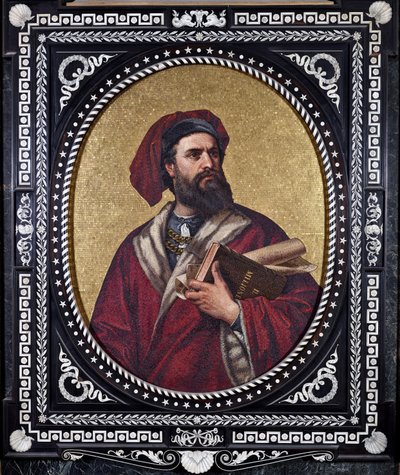 Venedikli kaşif Marco Polo, kolunun altında “Harikalar Kitabı” adlı eseri tutarken seyahatlerinin izini sürüyor. by Unknown artist