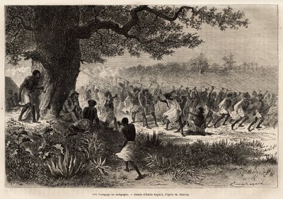 Vouagogo (Tanzanya kabilesi) savaşa hazırlanırken, ağacın altında, Henry Morton Stanley (1841-1904) hikayesinin yazarı. “New-Y” muhabiri Henry Stanley tarafından Orta Afrika