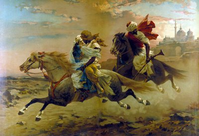 Haremin kaçırılması: iki Mağribi binici genç bir kadını kaçırır. by Unknown artist
