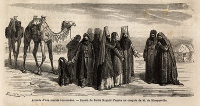 Bir Türk (Türkmenistan) karısının kocasının ailesine gelişi; 17 yaşından önce evlenmeyen kız çocukları, (müstakbel eşinin ailesine vereceği) çeyizi ve evlilik şartlarını müzakere eden koca tarafından seçilir. Oymak by Unknown artist