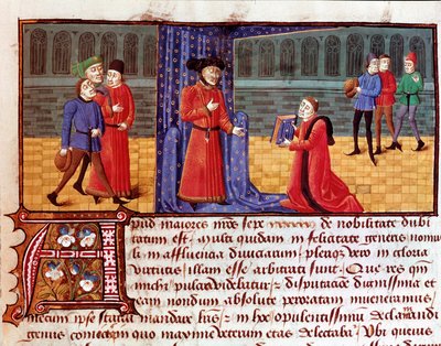 Yazar, eserini sunarken Jacques Legrand (Legrant) (1365-1415) tarafından “” Sophilogium”dan (Archiloge Sophie. Book of Good Practice) alınan sayfa 15. veya 16. yüzyıl Torre do Tombo, Lizbon by Unknown artist