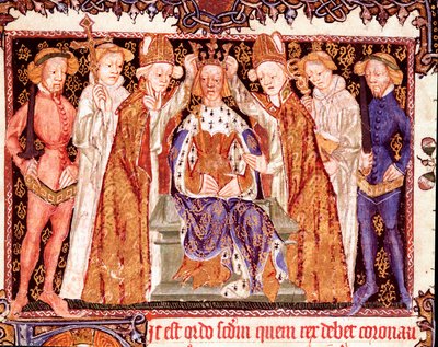 Bir kralın taç giyme töreni Muhtemelen İngiltere Kralı II. Richard (1367-1400). Taç giyme törenleri hakkındaki el yazmasından minyatür “” Liber regalis”” 14. yüzyıl Pamplona, Navarre arşivi by Unknown artist