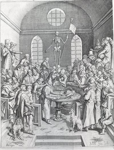 Diseksiyon Doktorlar ve bilim adamlarından oluşan grup, bir amfi tiyatroda bir diseksiyonu izlemek için yeniden bir araya geldi. 1788 gravür by Unknown artist