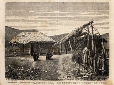 Yerli emeği kullanan veya onları sıkı çalışma sürelerinin sonuna kadar mahkum eden Noumea yakınlarındaki bir İngiliz inşaatçının konutu ve tersanesi. Gravür dökün illustrrer le voyage à la Nouvelle Caledonie, 18 yılında maden inşaat mühendisi Jules Garnier by Unknown artist