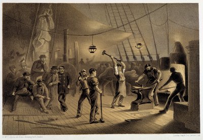 Güvertede demirci. 9 Ağustos gecesi, ırgat için ifon kaplamanın hazırlanması - W. H. Russel tarafından “Atlantik telgrafı”nda, yaklaşık. 1860 by Unknown artist