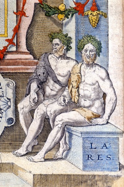 Lares tanrıları: evi ve sakinlerini korurlar (onlar ataların ruhlarıdır). 16. yüzyıl gravürü by Unknown artist