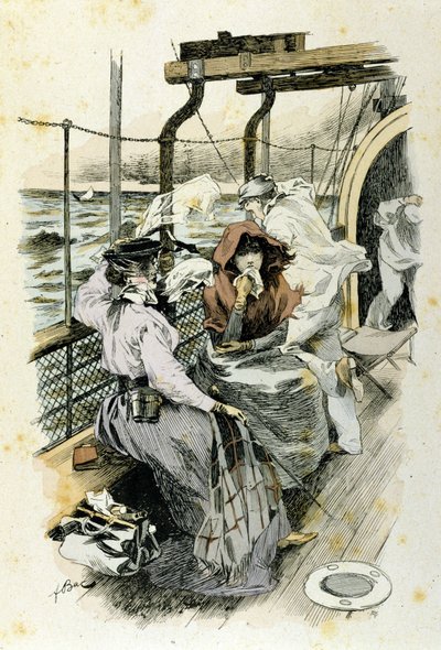 Gemideki yolcuların hayatı: genç bir kadın deniz tutmasından muzdarip. by Unknown artist