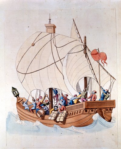 13. yüzyıldan kalma bir karavelin yüklemesi denizde. by Unknown artist