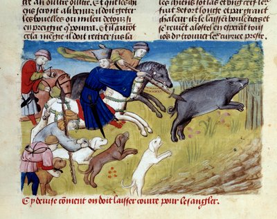 Gaston III Phoebus, Count of Foix, Lord of Bearn (1331-1391) tarafından yazılan “Avlanma Kitabı”ndan minyatür yaban domuzu avı by Unknown artist
