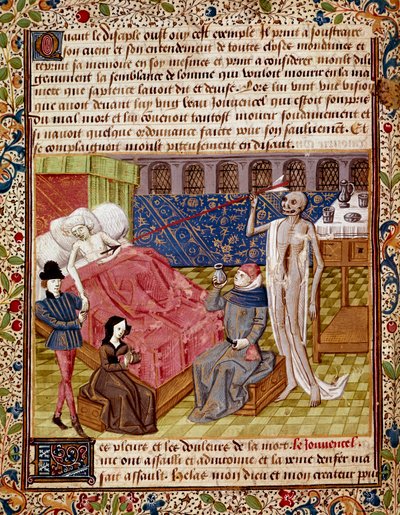 Hasta, Jean Gerson (1363-1429) tarafından "" Le Tresor de Sapience"den (veya "Le Traite du jardin amoureux") alınan Minyatür Ölüm karşısında şaşırır. 15. yüzyıl Chantilly, Musee Conde by Unknown artist