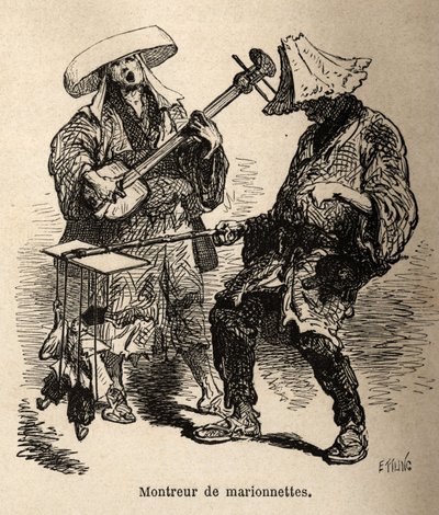 Kukla gösterisi ve sokak eğlencesi için ona eşlik eden müzisyen. 1863-1864
