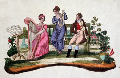 Bir bahçede müzik aletleri çalan üç kişi: arp, lir, viyola. gravür sd. 18. yüzyıldan kalma. by Unknown artist