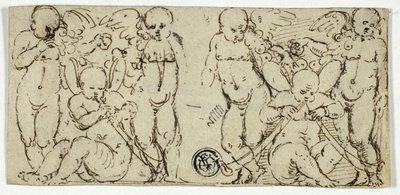 Trompet ve Meyveli İki Dekoratif Putti Grubu by Unknown artist