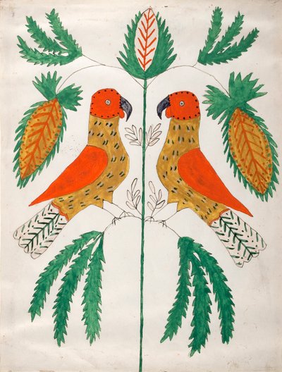 Birbirine Bakan İki Kırmızı ve Sarı Papağan (Yeşil Yapraklar) by Unknown artist