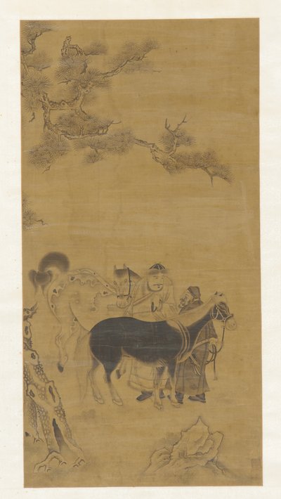 Bir çam ağacının altında iki adam ve iki at by Unknown artist