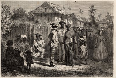 Yerli Cayenne (Fransız Guyanası) türleri, medreselerin fidanı (düğümlü elbise) giymiş ve rengarenk sarıklarla giyinmiş kadınlar, Batı kostümünü benimsediler. Frederic Bouyer tarafından 1862-1863