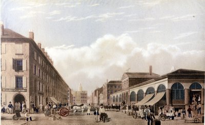 New York Görünümü: Fulton Caddesi'ndeki Pazar. 19. yüzyılın ortalarında SD litografi. by Unknown artist