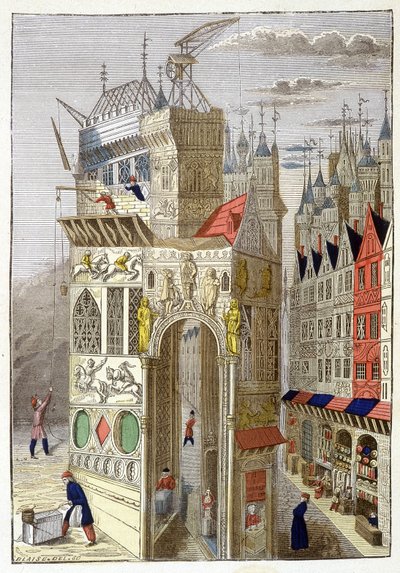 Yarı ahşap evleri ve yapım aşamasındaki bir kilisesiyle 15. yüzyıldan kalma bir rue de Paris manzarası. by Unknown artist