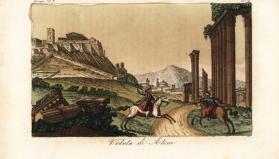 Solda Akropolis ve Parthenon ile Atina, Yunanistan şehrinin görünümü, önünde sütun, anıt ve Propylaea kalıntıları by Unknown artist
