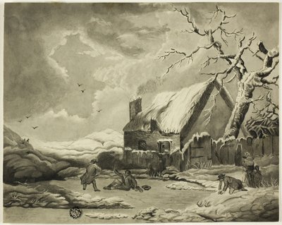 Bir Göletin Yanında Bir Kulübenin Dışında İnsanlarla Kış Manzarası by Unknown artist