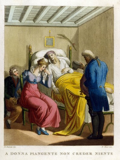 “Kadının gözyaşları, kin pınarı. Ağlayan bir kadın izle.” Bir dizi atasözünü gösteren 18. yüzyıl gravürü. by Unknown artist