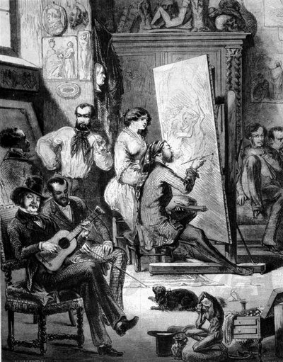 19. yüzyılda bir ressamın atölyesi. Bazıları müzik çalar, bazıları ise ressam resim yaparken sigara içer. 19. yüzyıl gravürü by Unknown artist