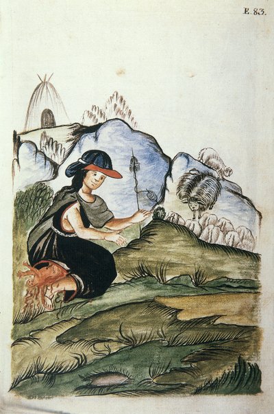 Baltazar Martinez Compañón y Bujanda, Trujillo piskoposu (1782-1785) tarafından yazılan "Trujillo del Peru" veya "Códice Martínez Compañón" kitabından doğada doğum yapan genç Hintli çoban kadın by Unknown artist