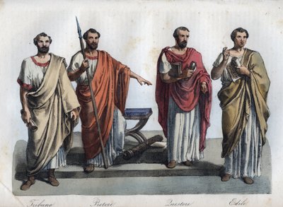 antik Roma sulh hakimleri - Tribunus (Tribune) - praetor (Preteur) (Magistrator) - Quaestores (Quaestors) - aediles (ediles) Evrenin Tüm Halklarının “” Gümrük ve Geleneklerinden gravür. Veya hükümetin, yasaların, milislerin, kralın tarihi by Unknown artist
