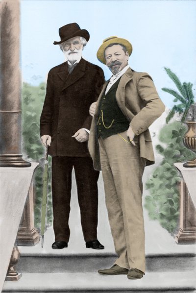 Giuseppe Verdi, İtalyan besteci (1813-1901) ve tenor Francesco Tamagno (1850-1905) 19. yüzyılın sonunda Montecatini