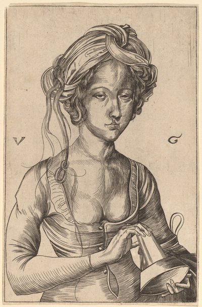 Ters çevrilmiş lambasını tutan aptal bir bakirenin büstü figürü by Urs Graf I after Martin Schongauer