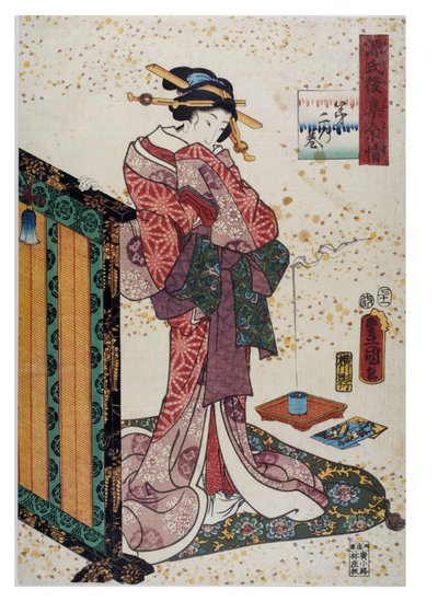 Vernikli Perde Üzerinde Eli Olan Kadın, Edo Dönemi, c.1857 (kağıt üzerine ahşap baskı) by Utagawa (1786-1865) Kunisada