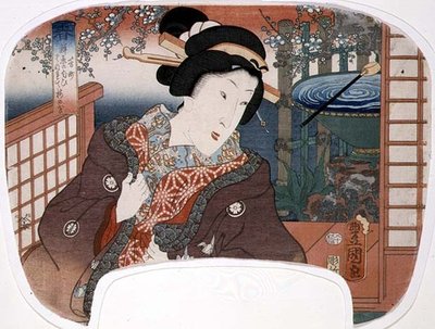 Bahar, Yoshi-cho; Bir bahçede bir geyşa, mevsimleri gösteren dört kişilik bir diziden bir hayran için tasarım by Utagawa Kunisada