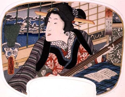 Kış, Shinobazu Göleti; Balad çalan bir geyşa, mevsimleri gösteren dörtlü setten bir hayran için tasarım by Utagawa Kunisada