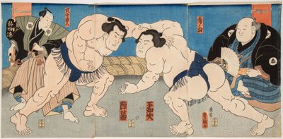 Shiranui ve Jimmaku sumo dövüşçüleri. Estampe de Utagawa Kunisada (1786-1865), vers 1860 - Shiranui vs Jimmaku güreş maçı, yazan Kunisada (Toyokuni III), Utagawa (1786-1865). renkli gravür by Utagawa Kunisada