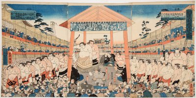 Kanjin Ozumo (bir bağış toplama mücadelesi için sumo güreşçilerinin alayı). Basım Utagawa Kunisada (1786-1865) - Kanjin Ozumo, Kunisada (Toyokuni III), Utagawa (1786-1865). Renkli gravür, c. 1850. Boyutlar: 37,5 x 75,5 cm. Özel koleksiyon by Utagawa Kunisada