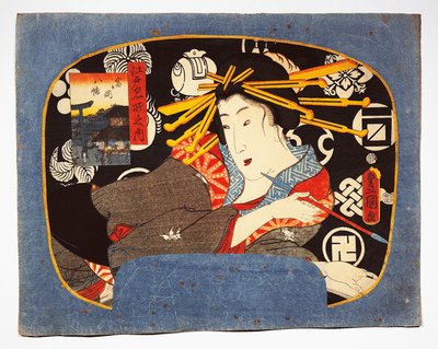 Uzun borulu fahişe, solda iç metinde Hachiman tapınağı by Utagawa Kunisada