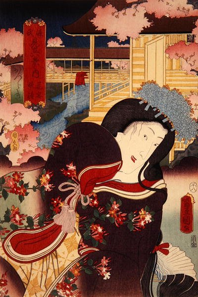 Hana no Enbansho Katsuragi Genji Mitate Hakkei no Uchi (Fower Bankue t, Eening g Bell: Katsuragi), c. 1808-58 by Utagawa Kunisada