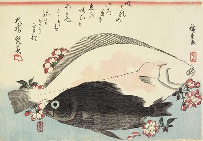 (Fluke ve Siyah Bas, Kiraz Çiçekleri) by Utagawa Hiroshige