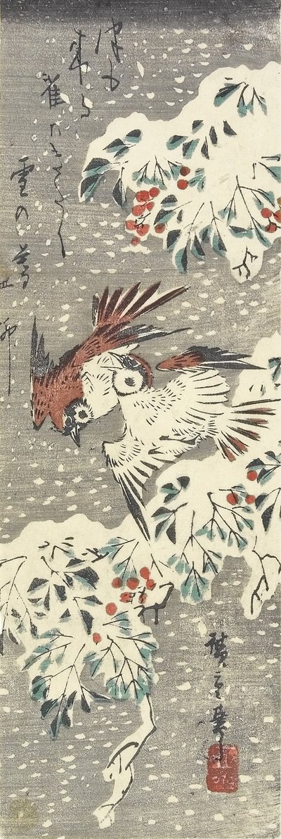 (Göksel Bambu ve Karda Serçeler), 1830-1858 by Utagawa Hiroshige