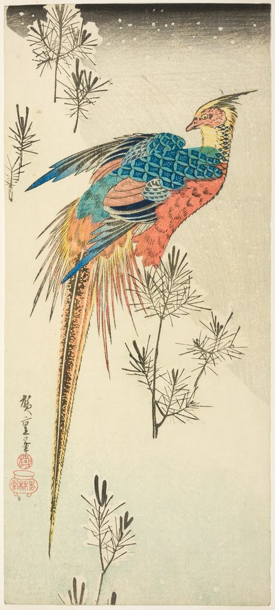 Küçük Çam Fidanları Arasında Sarp Karlı Bir Yamaçta Tünemiş Altın Sülün by Utagawa Hiroshige