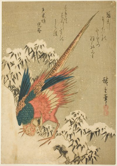 Sarp Bir Yamaçta Karla Kaplı Bambu Arasında Altın Bir Sülün by Utagawa Hiroshige