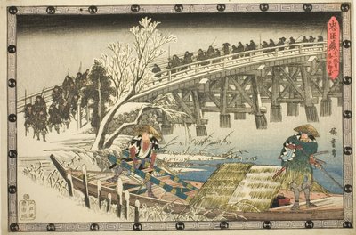 Bölüm 11, Bölüm 1: "Sadık Hizmetlilerin İntikamı (Chushingura)" dizisinden Gece Saldırısına Yaklaşım (Juichidanme ichi, yochi oshiyose) by Utagawa Hiroshige