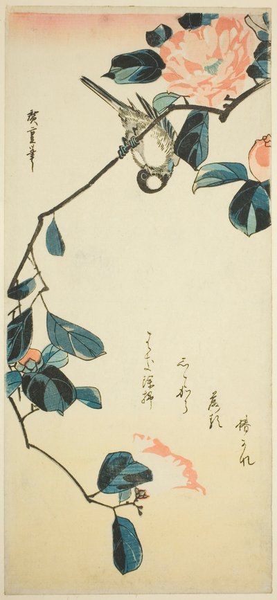 Kamelya dalı üzerinde şakrak kuşu by Utagawa Hiroshige