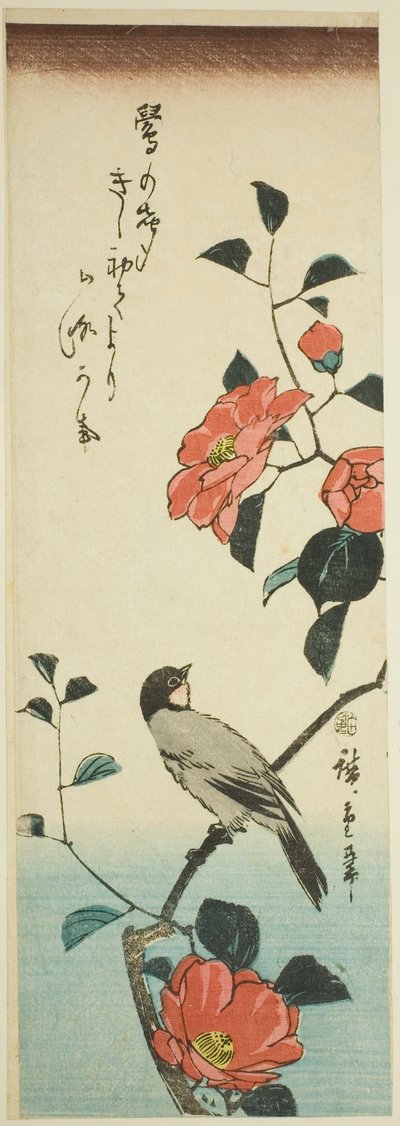 Kamelya çiçekleri ve şakrak kuşu by Utagawa Hiroshige