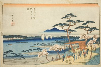 "Doğu Başkentindeki Ünlü Yerler (Toto meisho)" dizisinden Sumida Nehri (Sumidagawa hanazakari) boyunca Tam Çiçek Açan Kiraz Çiçekleri by Utagawa Hiroshige