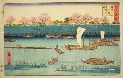 "Edo'daki Ünlü Yerler (Edo meisho)" serisinden Mimeguri Inari Tapınağı'ndaki (Sumidagawa Mimeguri Inari tsutsumi no hana) Sumida Nehri Dolgusu Boyunca Kiraz Ağaçları by Utagawa Hiroshige